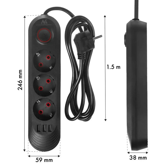 Разклонител Maclean удължител с 3 гнезда + 3xUSB 110-240V