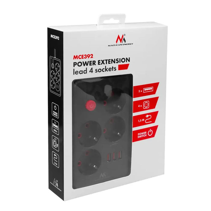 Разклонител Maclean удължител с 4 гнезда + 3xUSB 110-240V