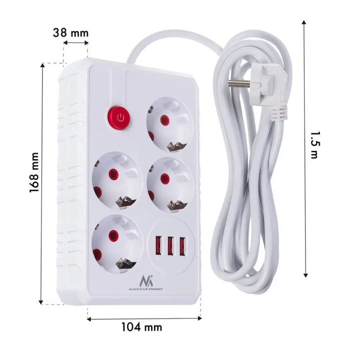 Разклонител Maclean удължител с 4 гнезда + 3xUSB 110-240V