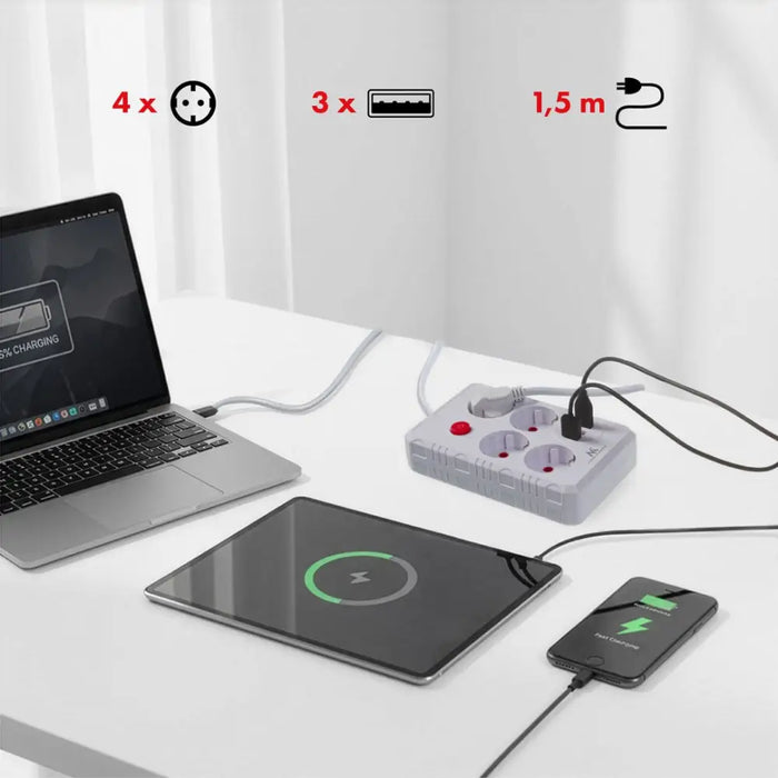 Разклонител Maclean удължител с 4 гнезда + 3xUSB 110-240V