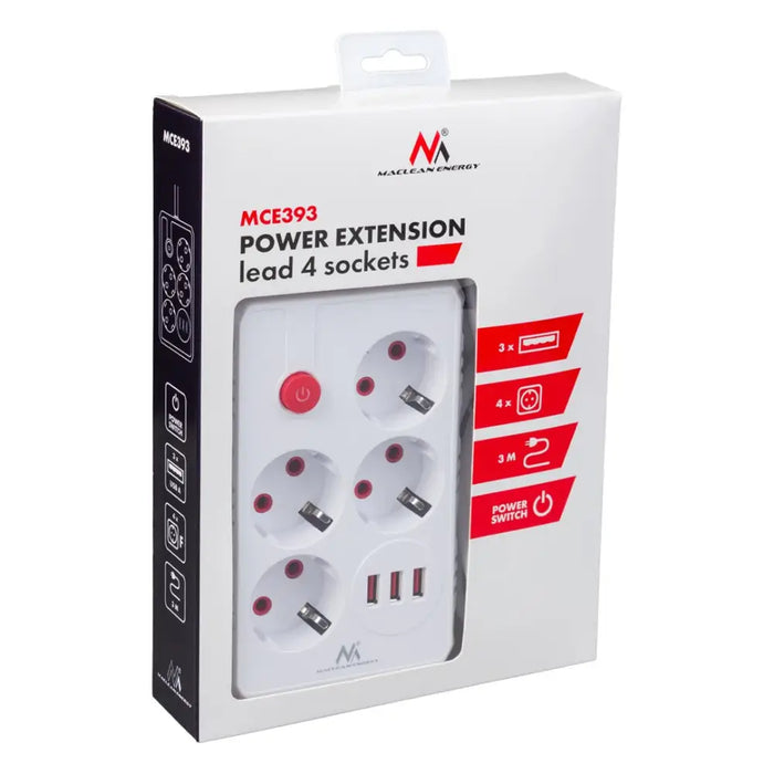 Разклонител Maclean удължител с 4 гнезда + 3xUSB 110-240V