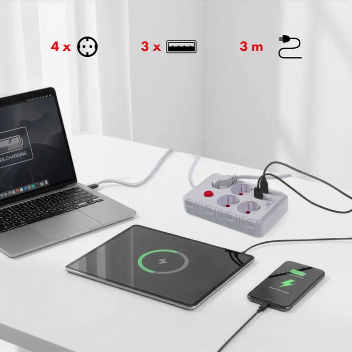 Разклонител Maclean удължител с 4 гнезда + 3xUSB 110-240V