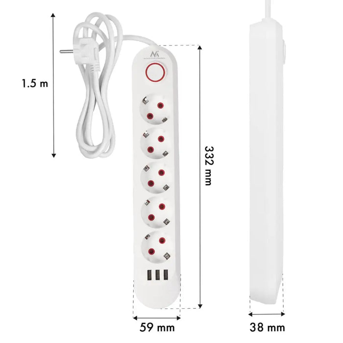 Разклонител Maclean удължител с 5 гнезда + 3xUSB 110-240V