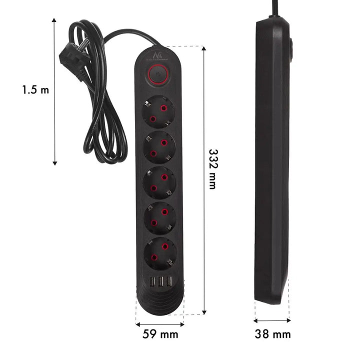 Разклонител Maclean удължител с 5 гнезда + 3xUSB 110-240V