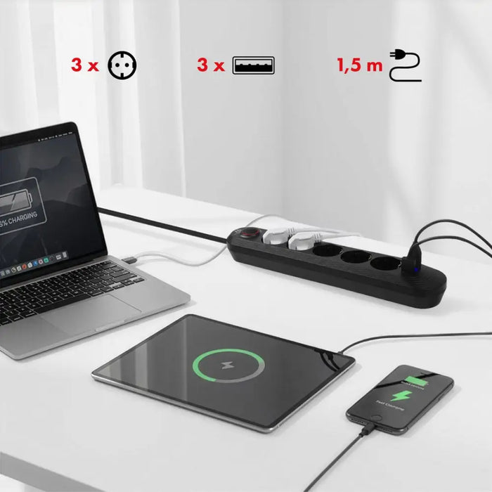 Разклонител Maclean удължител с 5 гнезда + 3xUSB 110-240V