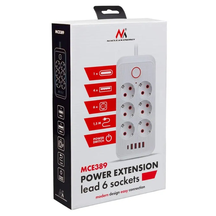 Разклонител Maclean удължител с 6 гнезда + 4xUSB 110-240V