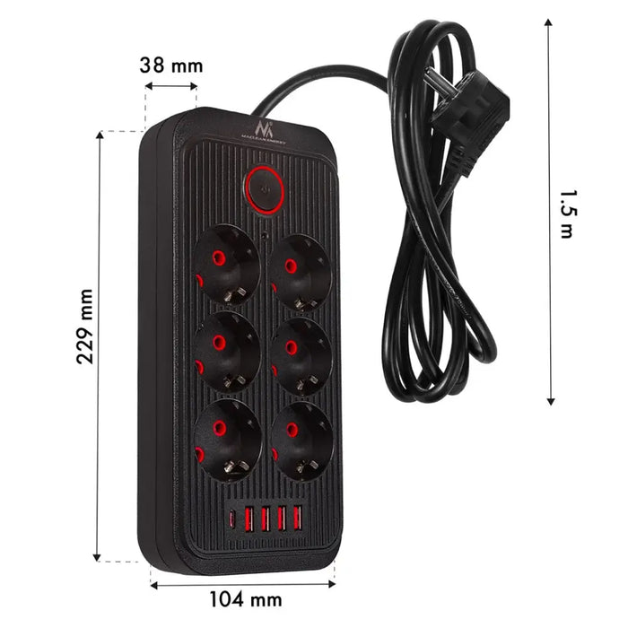 Разклонител Maclean удължител с 6 гнезда + 4xUSB 110-240V