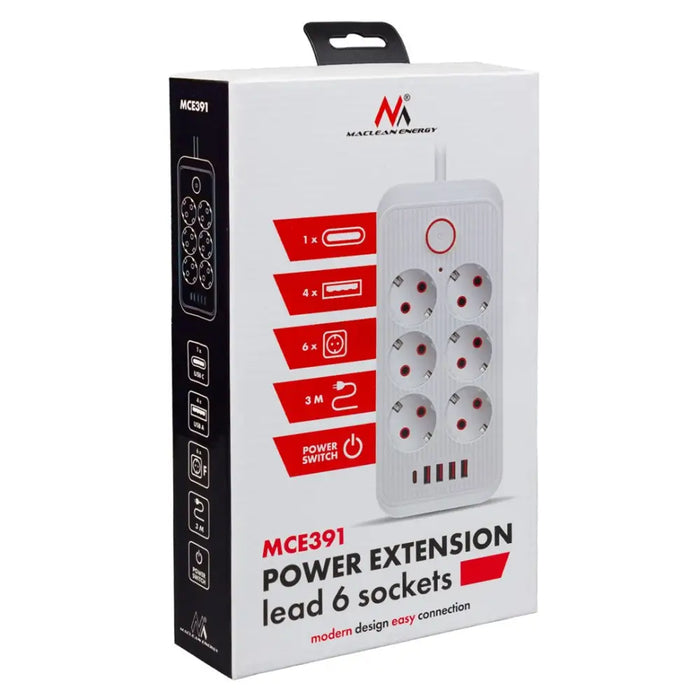 Разклонител Maclean удължител с 6 гнезда + 4xUSB 110-240V