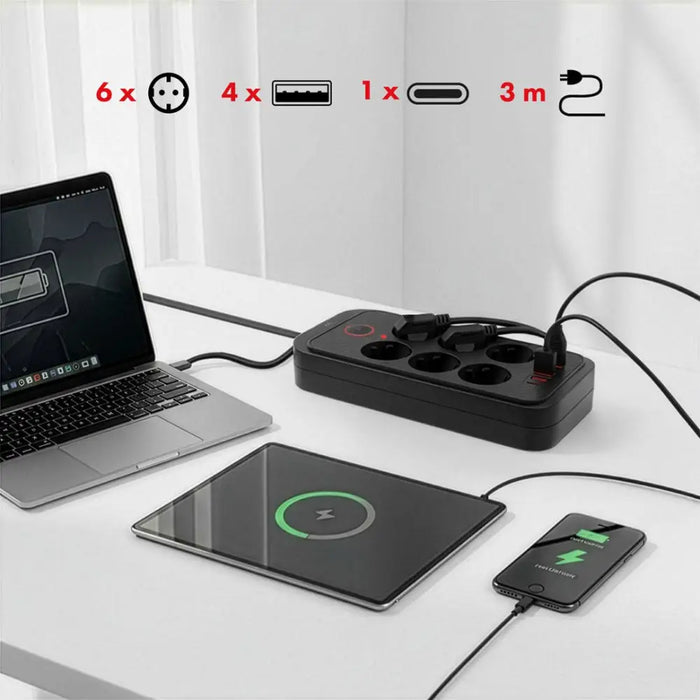 Разклонител Maclean удължител с 6 гнезда + 4xUSB 110-240V