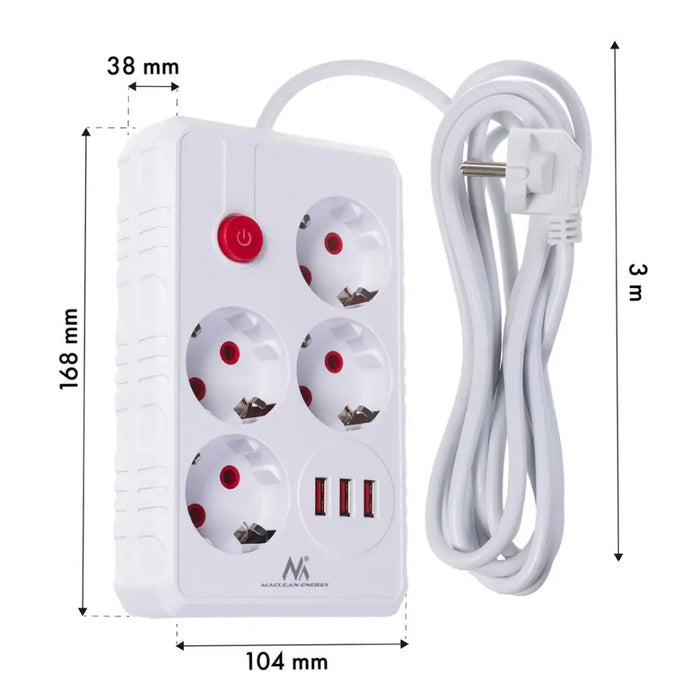 Разклонител Maclean удължител с 4 гнезда + 3xUSB 110-240V