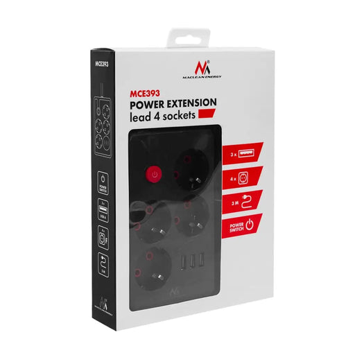 Разклонител Maclean удължител с 4 гнезда + 3xUSB 110-240V
