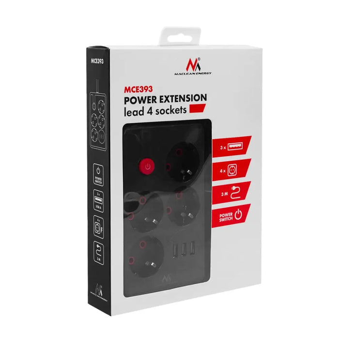 Разклонител Maclean удължител с 4 гнезда + 3xUSB 110-240V