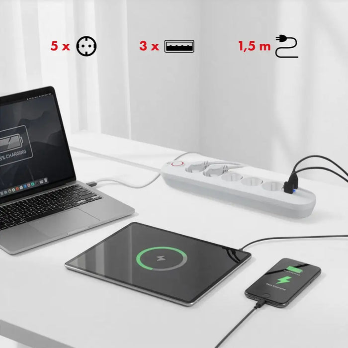 Разклонител Maclean удължител с 5 гнезда + 3xUSB 110-240V