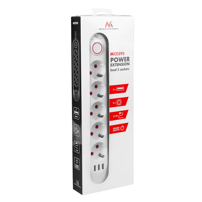 Разклонител Maclean удължител с 5 гнезда + 3xUSB 110-240V