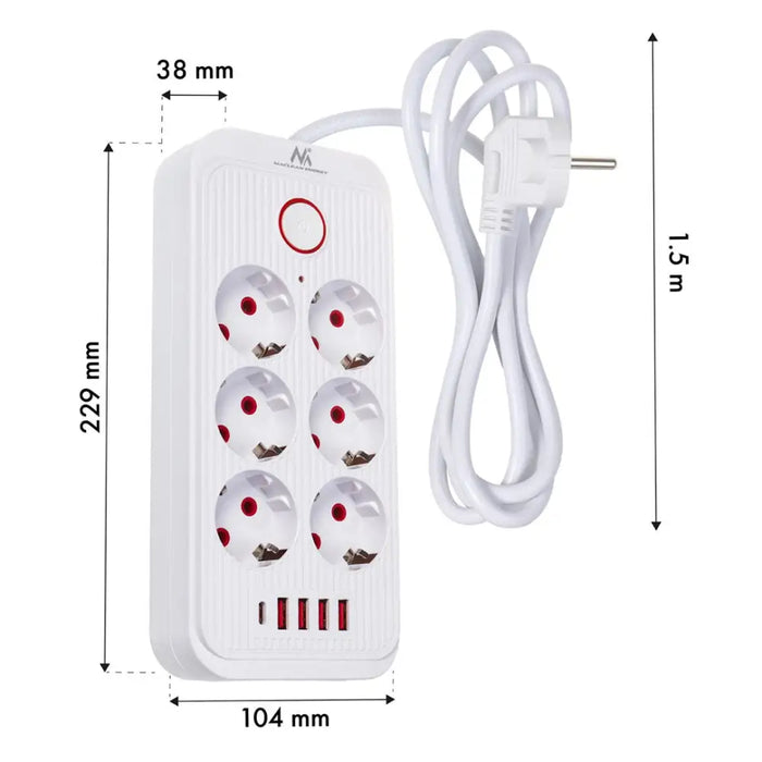 Разклонител Maclean удължител с 6 гнезда + 4xUSB 110-240V