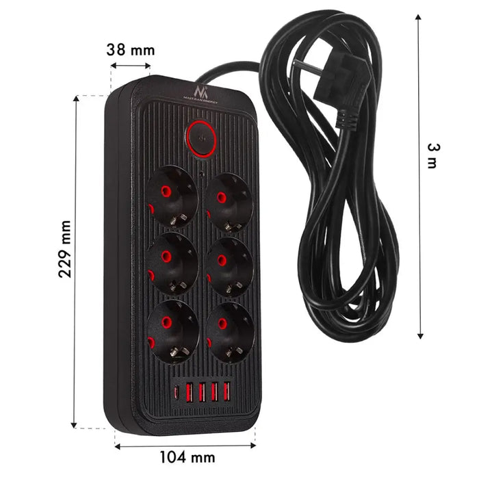 Разклонител Maclean удължител с 6 гнезда + 4xUSB 110-240V