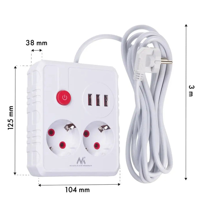 Разклонител Maclean удължител 2 гнезда + 3xUSB 110-240V AC