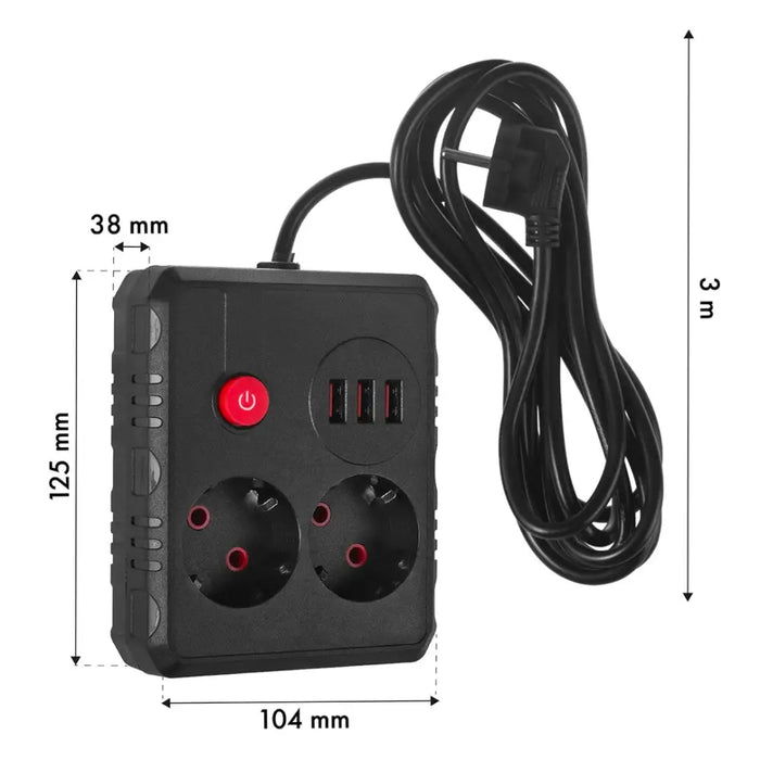 Разклонител Maclean удължител 2 гнезда + 3xUSB 110-240V AC