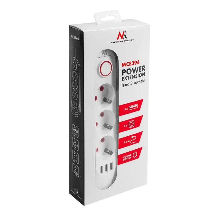 Разклонител Maclean удължител с 3 гнезда + 3xUSB 110-240V