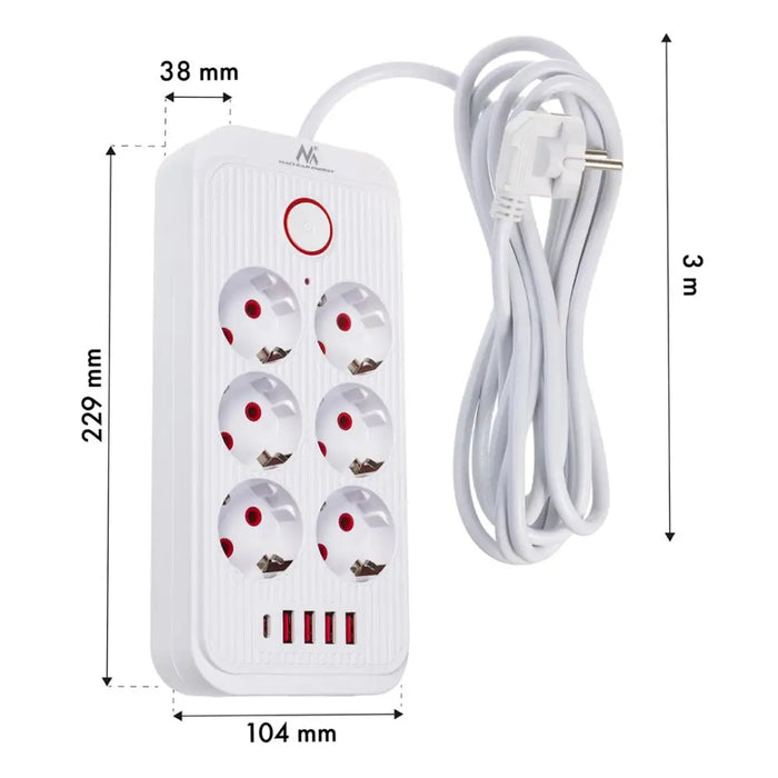 Разклонител Maclean удължител с 6 гнезда + 4xUSB 110-240V