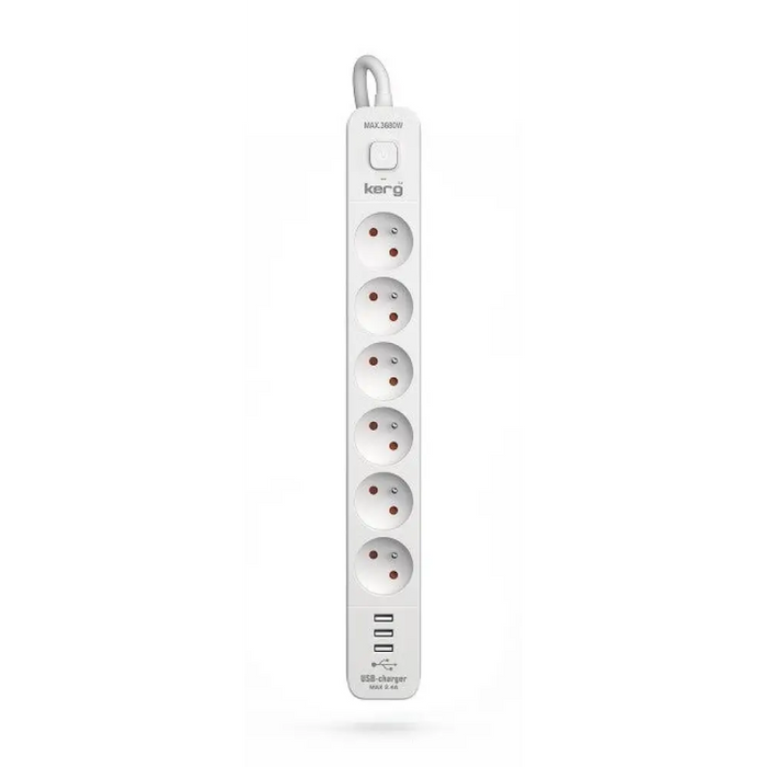 Разклонител KERG с прекъсвач-6 гнезда 3USB 16A 3м