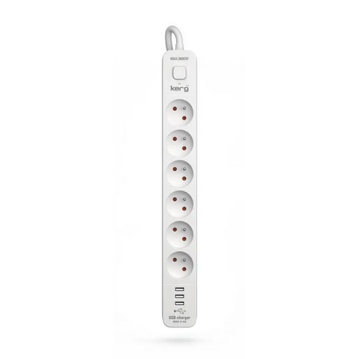 Разклонител KERG с прекъсвач-6 гнезда 3USB 16A 1.5м