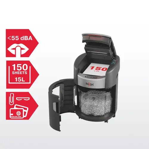 Шредер за хартия Rexel ShredMax AutoFeed+ 150X, P4, 150 листа, кошче за боклук 15 литра