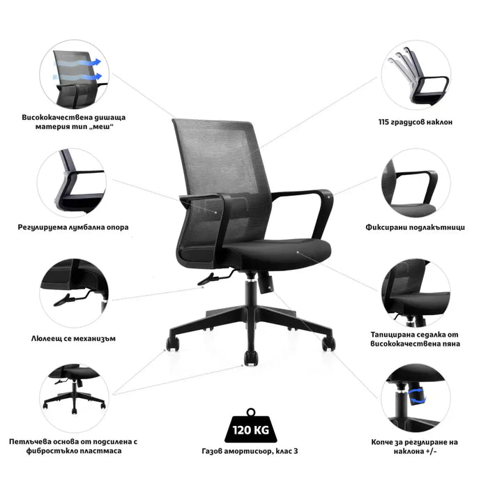 RFG Работен стол Smart W дамаска и меш черна седалка черна