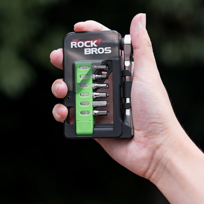 Комплект инструменти за велосипед Rockbros с мини тресчотка и битове - прозрачно зелен