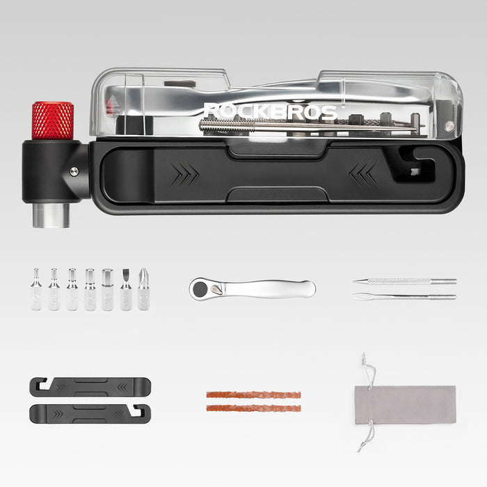 Комплект инструменти за велосипед Rockbros Multitool с CO2 помпа и тресчотка - черен