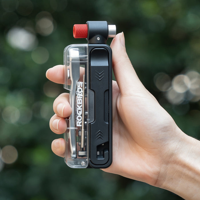 Комплект инструменти за велосипед Rockbros Multitool с CO2 помпа и тресчотка - черен