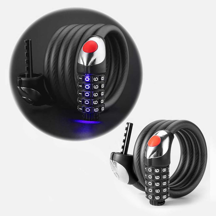 Велосипедна ключалка Rockbros RKS531 с 5-цифрен код, стоманен кабел, 120 см, с LED осветление - черна