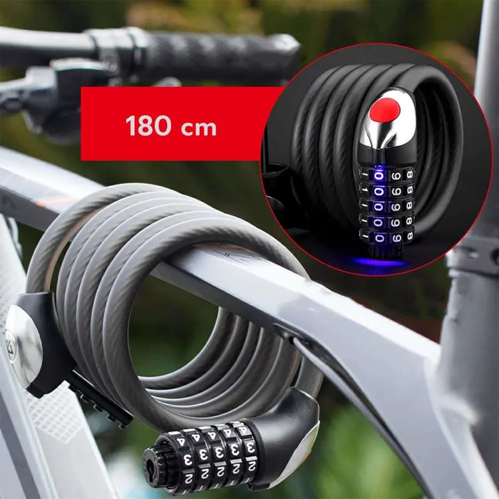 Велосипедна ключалка Rockbros RKS531 с 5-цифрен код, стоманен кабел, 180 см, с LED осветление - черна