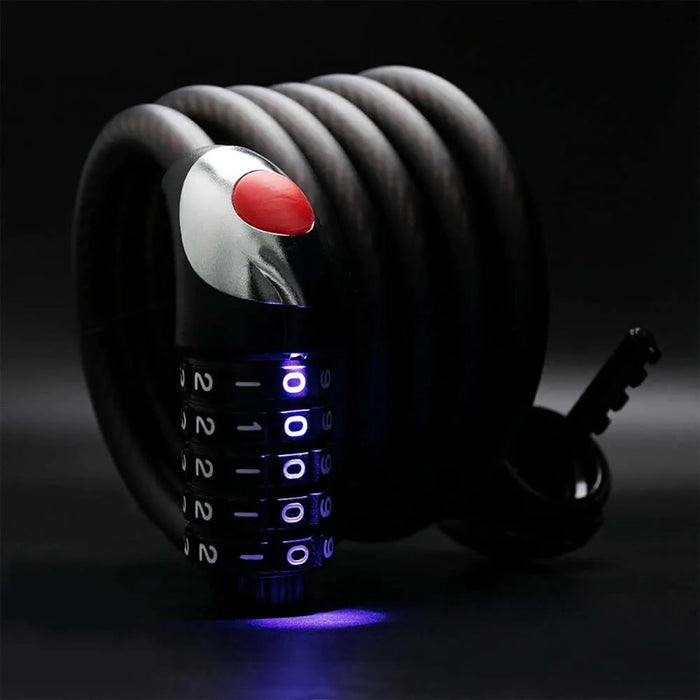 Велосипедна ключалка Rockbros RKS531 с 5-цифрен код, стоманен кабел, 180 см, с LED осветление - черна