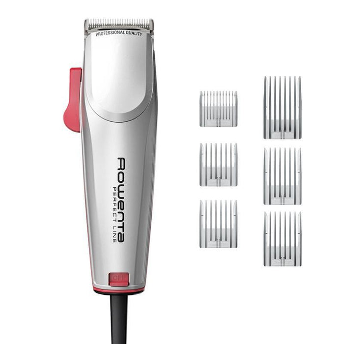 Rowenta TN1300F0 Машинка за подстригване Perfect Line 2 сребриста, 1 скорост, 6 фиксирани гребена за коса, микронастройка (0,6-0,9-1,2 мм), настройки на косата (0,6-25 мм), машинка за подстригване на височини (9), с кабел, торбичка, масло и четка за почис
