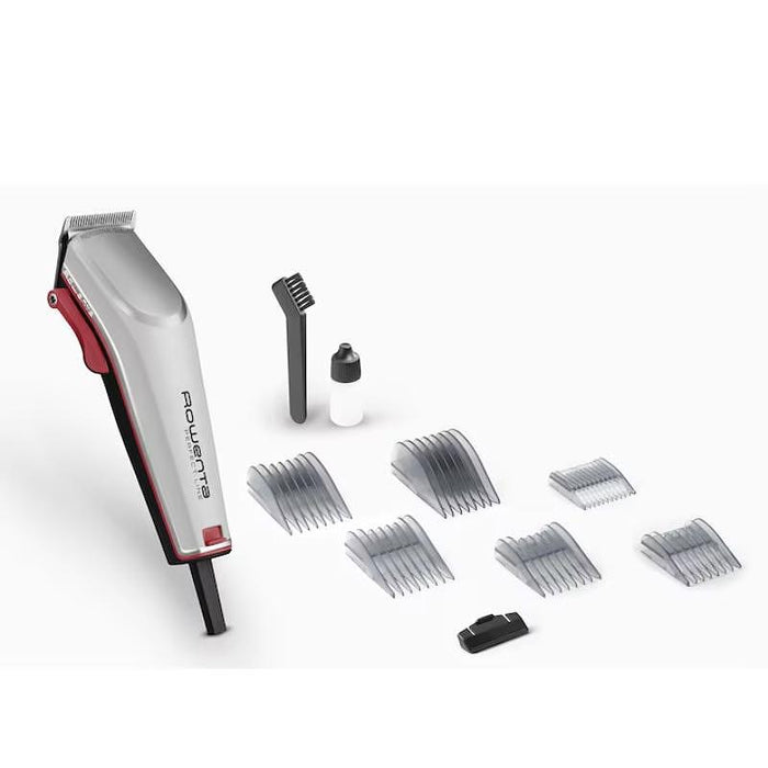 Rowenta TN1300F0 Машинка за подстригване Perfect Line 2 сребриста, 1 скорост, 6 фиксирани гребена за коса, микронастройка (0,6-0,9-1,2 мм), настройки на косата (0,6-25 мм), машинка за подстригване на височини (9), с кабел, торбичка, масло и четка за почис