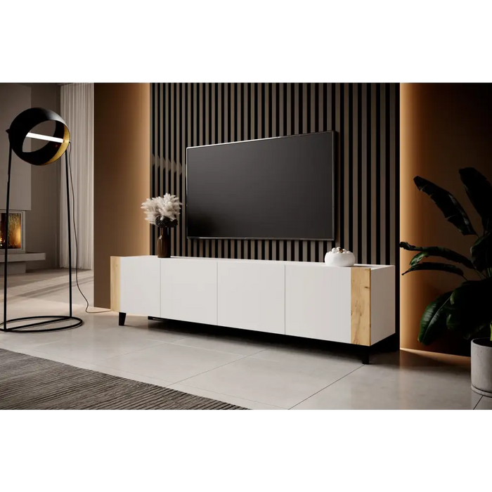 RTV шкаф FARO 200x42x52 бял мат + дъб крафт