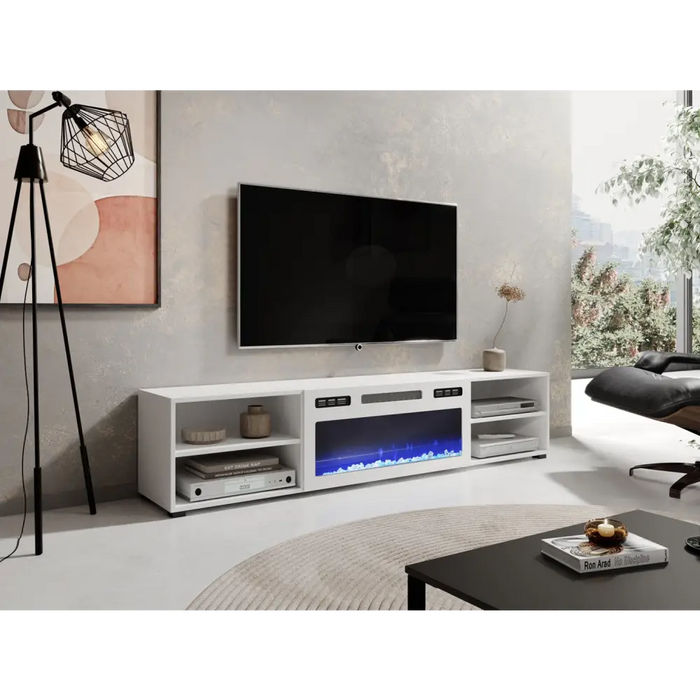 RTV шкаф POLO 180x33x39 бял + камина бяла