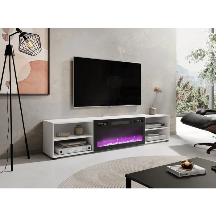 RTV шкаф POLO 180x33x39 бял + камина черна
