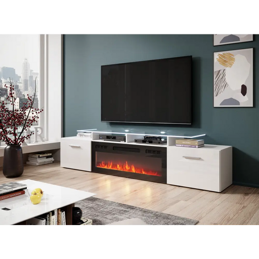 RTV шкаф ROVA с електрическа камина 190x37x48 бял/бял гланц