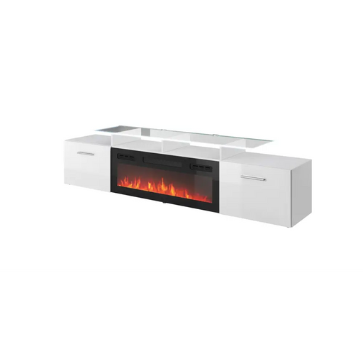 RTV шкаф ROVA с електрическа камина 190x37x48 бял/бял гланц