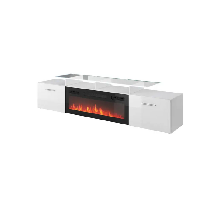 RTV шкаф ROVA с електрическа камина 190x37x48 бял/бял гланц