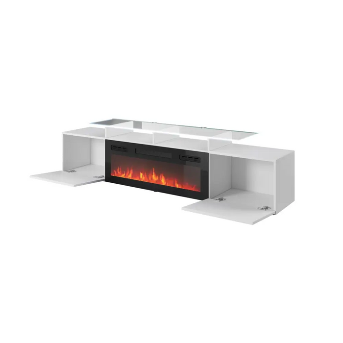 RTV шкаф ROVA с електрическа камина 190x37x48 бял/бял гланц