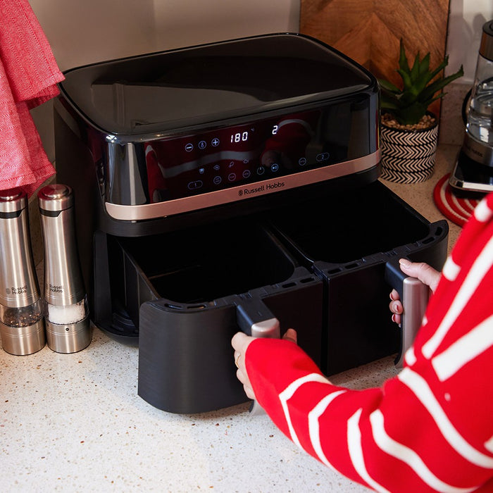 Фритюрник Russell Hobbs с горещ въздух, двоен, 9 л, свободностоящ, 2800 W, черен