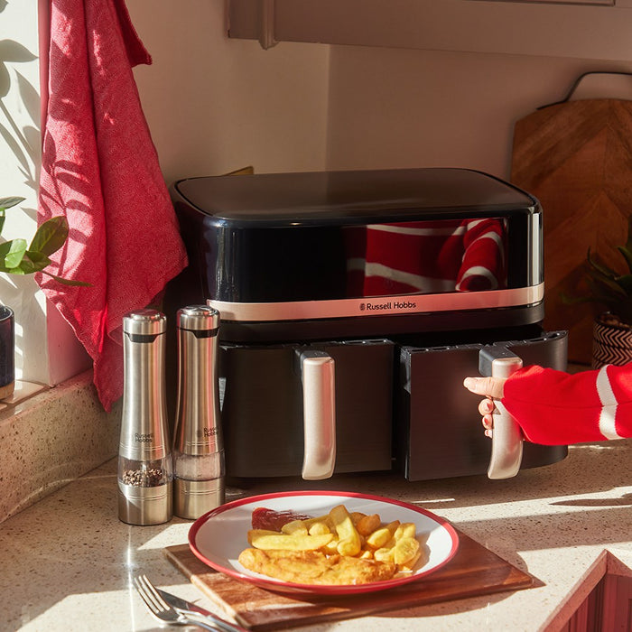 Фритюрник Russell Hobbs с горещ въздух, двоен, 9 л, свободностоящ, 2800 W, черен