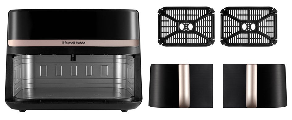 Фритюрник Russell Hobbs с горещ въздух, двоен, 9 л, свободностоящ, 2800 W, черен