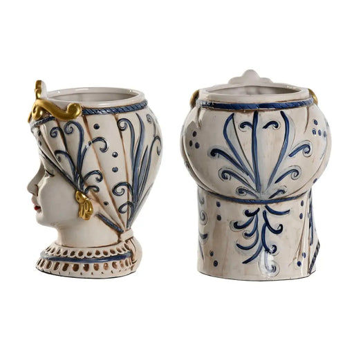 Саксия Home ESPRIT Син Бял Златен Порцелан 15 x 15 x 26 cm