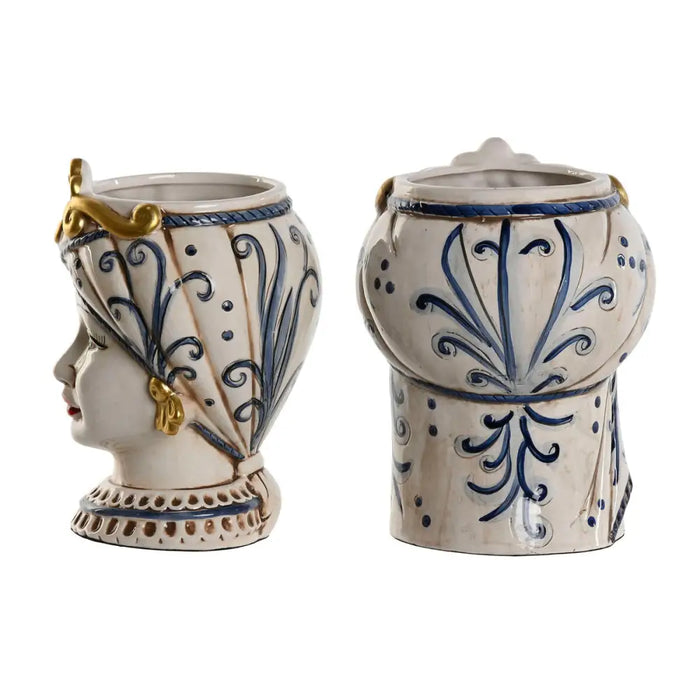 Саксия Home ESPRIT Син Бял Златен Порцелан 15 x 15 x 26 cm