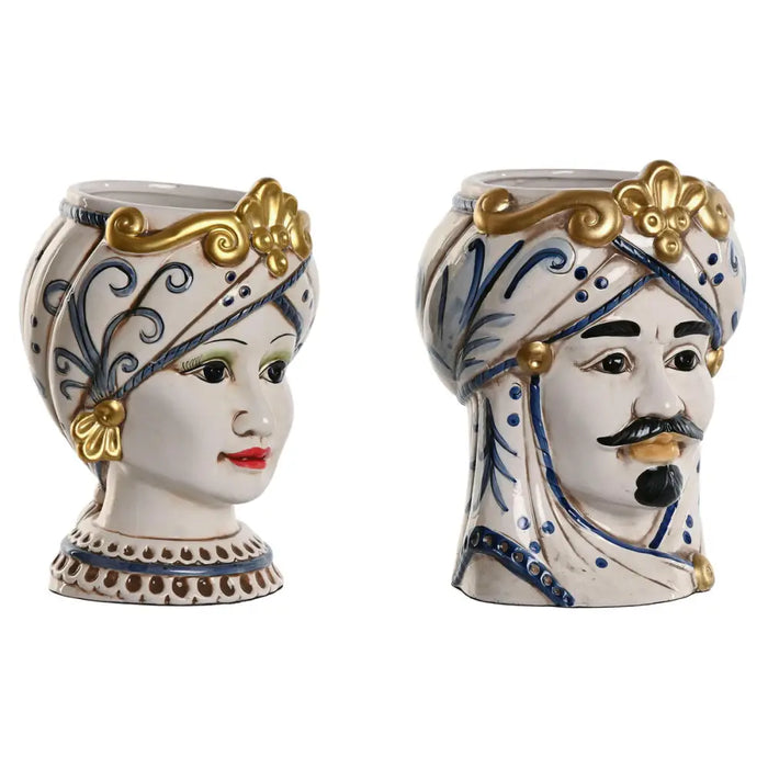 Саксия Home ESPRIT Син Бял Златен Порцелан 15 x 15 x 26 cm