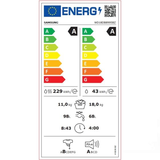 Пералня със сушилня SAMSUNG WD18DB8995BZT2, 18/11 кг, All in One Combo, Wi-Fi, клас А, 1000 об/мин
